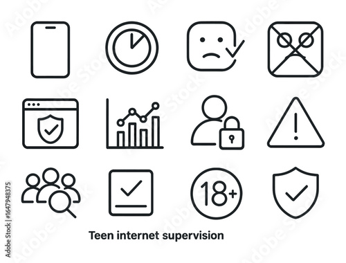 Teen Internet Safety Icons. Outline icon set of teen internet supervision: phone icon, limit icon, mood check