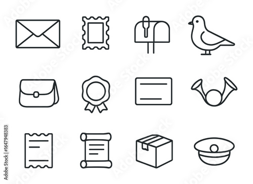 Postal Icon Set. Outline icon set of postal communication: envelope, post stamp, letterbox, pigeon icon,