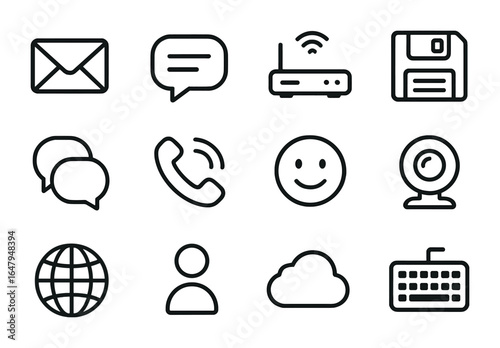 Internet Era Icon Set. Outline icon set of internet era communication: email icon, chat bubble, modem, floppy