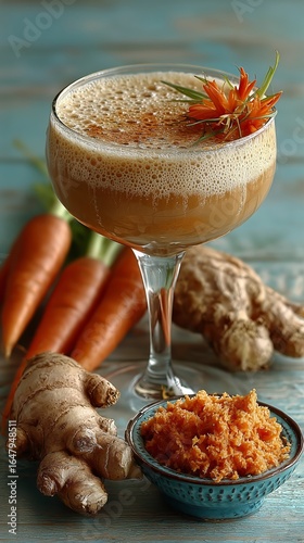 Ginger Carrot Cocktail Garnished With Fresh Herbs on Blue Wooden Table.