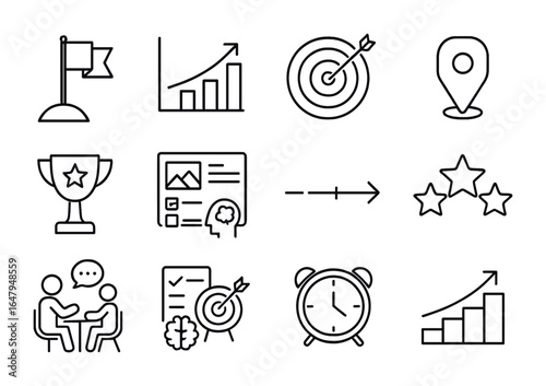 Goal Tracking Icons. Outline icon set of goal setting and tracking: goal flag, progress chart, target icon,