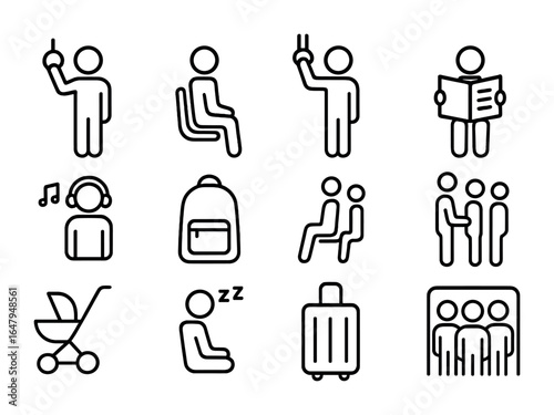 Subway Behavior Icons. Outline icon set of subway passenger behavior: standing rider, seated commuter, holding