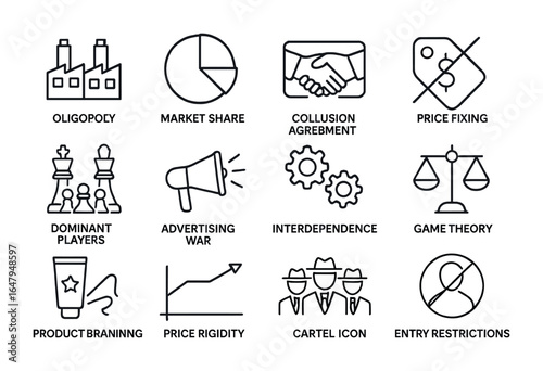Oligopoly Dynamics Icons. Outline icon set of oligopoly dynamics: few firms, market share, collusion agreement