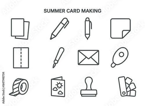 Summer Card Icon Set. Outline icon set of summer card making: cardstock, corner punch, gel pen, sticker icon,