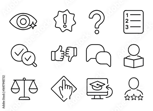 Media Literacy Icons. Outline icon set of media literacy: critical eye, fake news alert, question mark, source