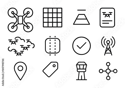 Drone Traffic Icons. Outline icon set of drone traffic management: drone icon, flight grid, altitude level,
