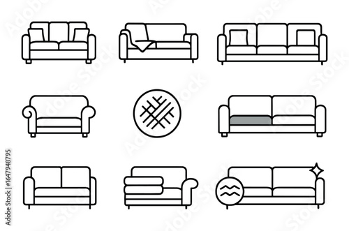 Couch Styling Icon Set. Outline icon set of couch styling ideas: pillow arrangement, throw placement, back