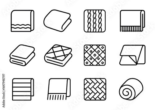 Throw Blanket Icon Set. Outline icon set of throw blanket styles: wool blanket, fleece throw, cable-knit,