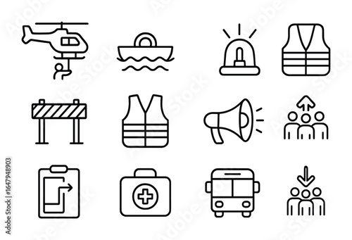 Emergency Evacuation Icons. Outline icon set of emergency evacuations: helicopter rescue, lifeboat, siren