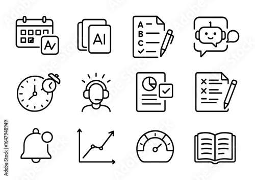 AI Tutor Icons. Outline icon set of AI tutors for exam prep: exam calendar, flashcards, mock test, AI feedback