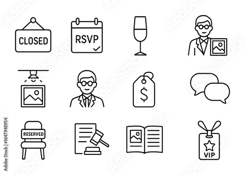 Private Art Icons. Outline icon set of private art viewings: closed door sign, RSVP icon, champagne flute, art