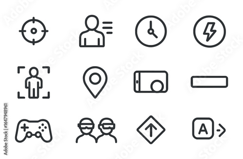 Gaming Interface Icons. Outline icon set of gaming with smart glasses: shooter HUD, character stats, game