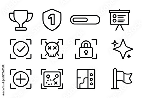 Gaming Achievement Icon Set. Outline icon set of gaming achievements in AR: trophy overlay, level badge, XP