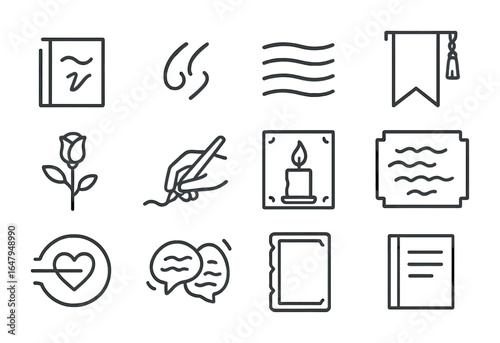 Poetry and Prose Icons. Outline icon set of poetry and prose reading: verse icon, italic quote, handwritten