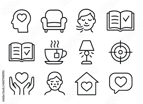 Therapeutic Reading Icons. Outline icon set of therapeutic reading: mental health icon, soft chair, calm