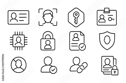 Decentralized Identity Icons. Outline icon set of decentralized identity systems: digital ID, biometric scan,