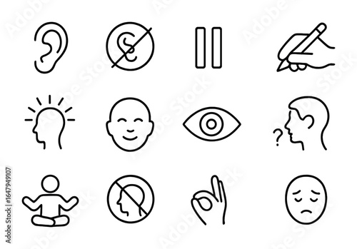 Listening Skills Icons. Outline icon set of listening skills: ear icon, silence symbol, pause sign, note
