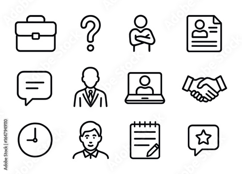 Interview Icon Set. Outline icon set of interview communication: briefcase, question mark, confident pose,