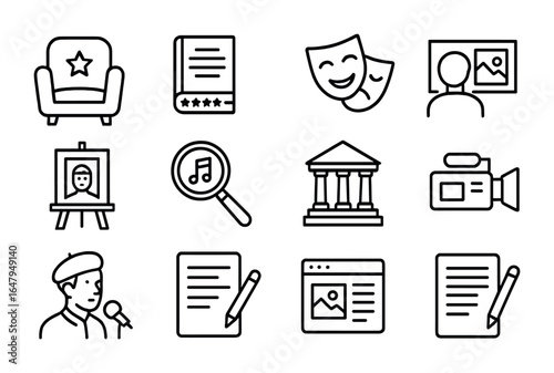 Cultural Commentary Icons. Outline icon set of cultural commentary and analysis: critic chair, book review