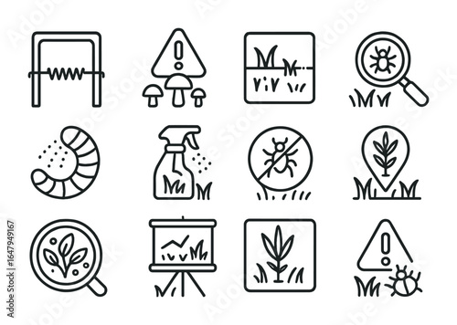 Lawn Care Icon Set. Outline icon set of lawn disease and pest care: mole trap, fungus alert, patchy grass icon