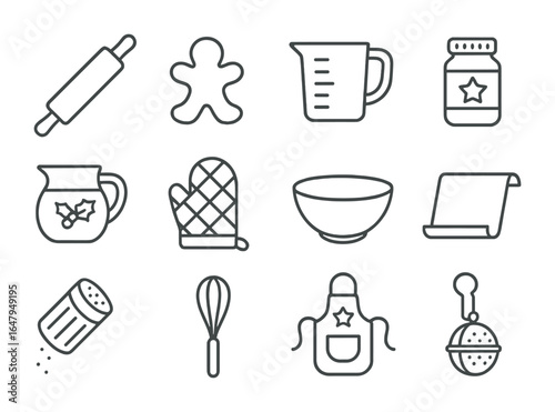 Cozy Kitchen Icon Set. Outline icon set of cozy holiday kitchen prep: rolling pin, cookie cutter, measuring