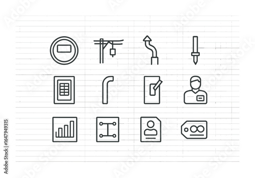 Utility Service Icons. Outline icon set of utility service connection: meter base, service drop, weatherhead,