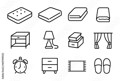 Bedroom Essentials Icons. Outline icon set of bedroom essentials: mattress, bedsheet, duvet, bedside table,