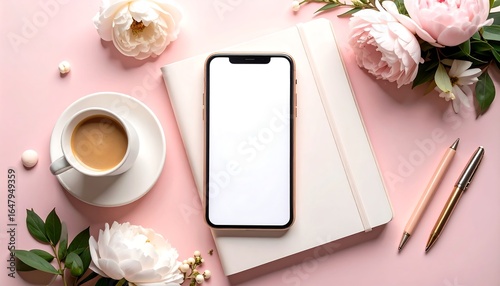 Wallpaper Mural Pink Flatlay Phone with Coffee, and Flowers. Torontodigital.ca