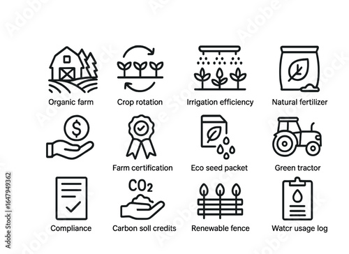 Sustainable Agriculture Icons. Outline icon set of sustainable agriculture incentives: organic farm, crop