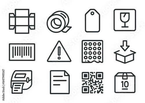 Packaging Icon Set. Outline icon set of packaging and labeling: box template, tape roll, product label,