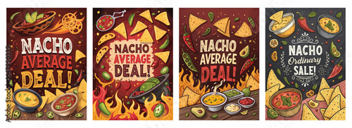 Colorful nacho-themed promotional graphics featuring vibrant illustrations and playful text.