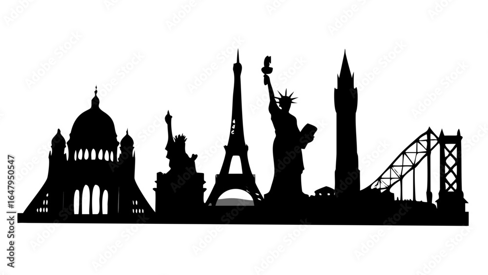 Fototapeta premium Silhouette skyline of world landmarks eiffel tower statue of liberty big ben sacre coeur bridge architecture