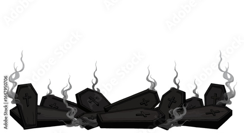 Group of coffins Dark and spooky with smoke rising from them graveyard scene halloween concept high quality professional