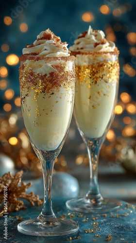 Sparkling Festive Drinks Adorned With Whipped Cream and Gold Sprinkles at a H...