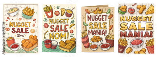 Colorful illustrations of nugget sale promotions with fun designs and vibrant colors, featuring nuggets and fries.
