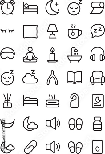 Collection of simple line art icons representing sleep rest relaxation and bedtime activities for health and wellness concepts
