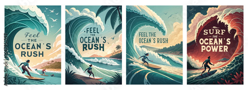 Dynamic illustrations of surfers riding massive waves, embodying the thrill of ocean adventures.