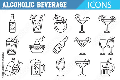 Alcoholic beverage icons for hospitality industry and drink menus