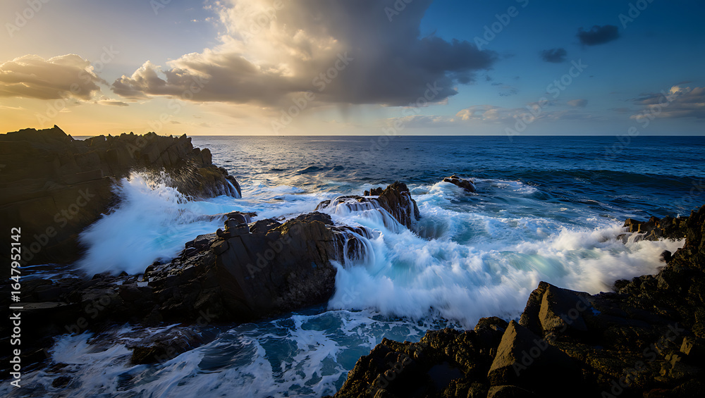 Fototapeta premium Powerful ocean waves crash against dark, jagged rocks under a dramatic sky with golden sunlight breaking through the clouds