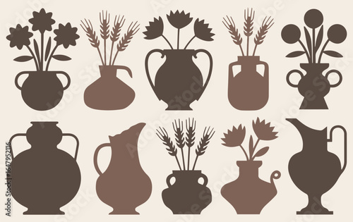 Silhouettes of assorted vases and pitchers with various flowers and plants, in shades of brown against a beige background, conveying a vintage aesthetic.