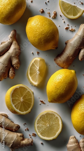 Fresh Ginger and Lemons Arranged on a Light Background for a Healthy Recipe o...