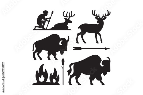 Prehistoric hunting scene with buffalo deer and hunter silhouettes
