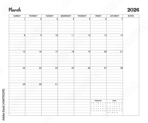 March 2026 Minimalist Printable Calendar Page with Notes Section
