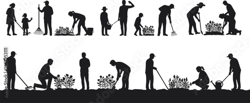 Silhouettes of people gardening with tools, watering plants, raking leaves, outdoor teamwork, community garden activity, planting flowers, agricultural work, eco-friendly lifestyle