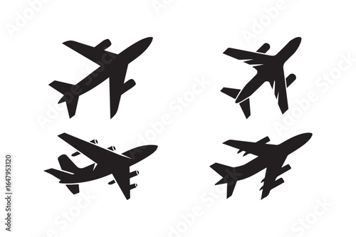 Four silhouette airplane icons in a grid layout