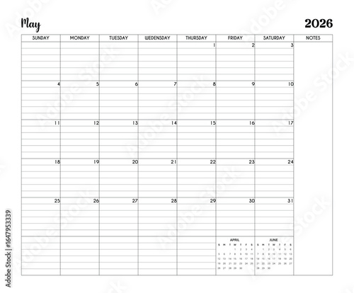 May 2026 Minimalist Printable Calendar Page with Notes Section