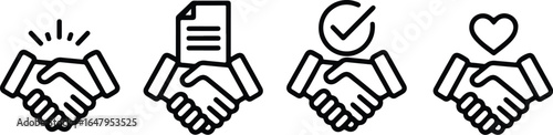 handshake icon set with document, checkmark, and heart symbols in linear style