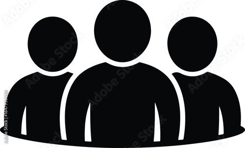 Solid black icon of a group of three people representing teamwork, unity, community and leadership