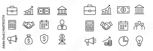 Financial and business icons depicting growth, partnership, and investment themes in a simplified design