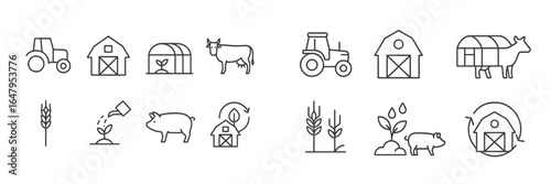 Farm icons representing agriculture, livestock, and sustainable practices in simple line art style